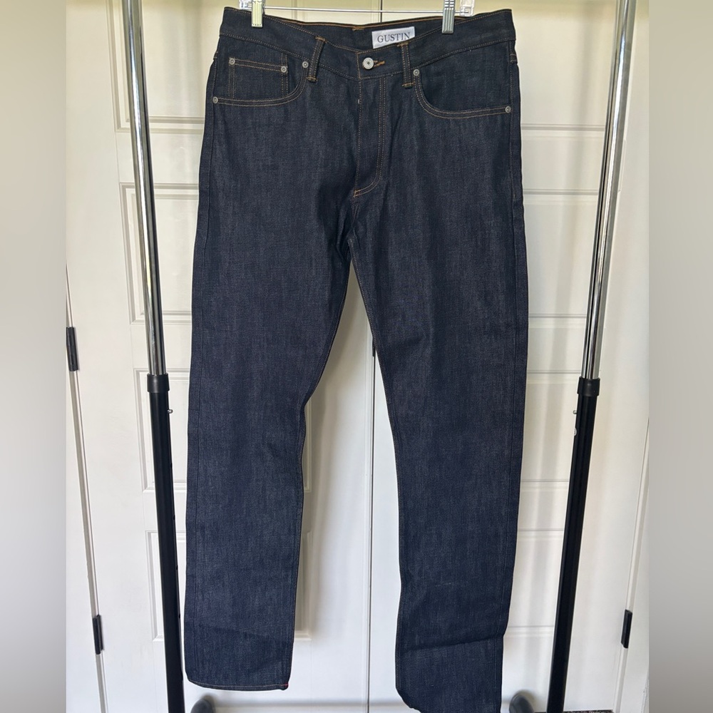 Gustin Dark Blue Slim Fit Jeans Selvedge Raw Hem 36” waist Never Worn